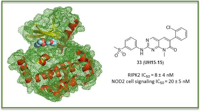 RIPK2激酶参与多种慢性炎症，UH15-15抑制RIPK2激酶并具有良好的体外ADME和PK特性，PK研究通过美迪西进行